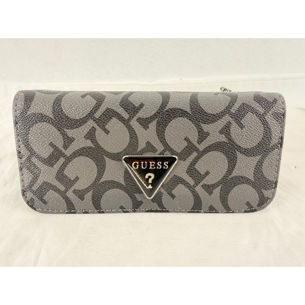 GUESS Logo Print Long Clutch Wallet Charcoal Black Triangle Logo Plaque
